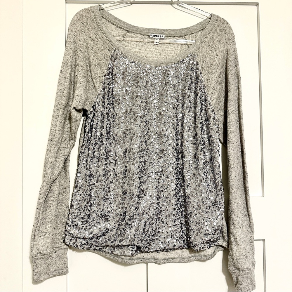 Express Silver Sequin Long Sleeve Top • Medium